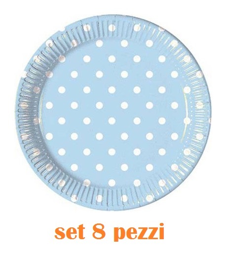 Set 8 Pezzi Piatti 23cm Azzurri Pois Bianchi Carta Feste Compleanni Eventi dfh