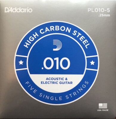 D'Addario Plain Steel Singles Electric or Acoustic Guitar; 5-pack gauge .010