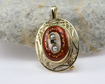 Anhänger Brosche 585 14 kt. Gold Gelbgold, Saphir Saatperlen, Emaille, klassisch
