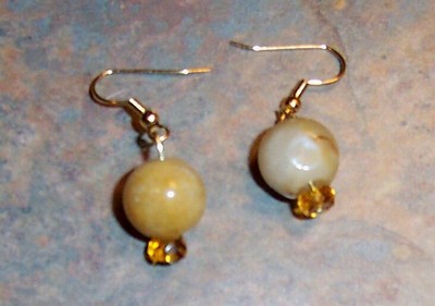 Gold Quartzite Beaded Necklace and  Earrings with Feathers - Handmade