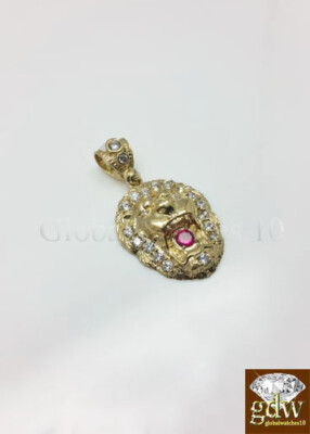 Pre-owned G&d Real Gold Pendant 10 K Yellow Gold Lion Head Men's Charm 1.5" For Men Women Ruby