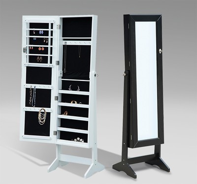 Organizer Storage Mirrored Jewelry Cabinet Box Rings Necklaces Case w Stand