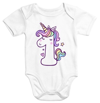 Kurzarm Baby-Body mit Einhorn Aufdruck erster Geburtstag eins 1 Jahr Zahl