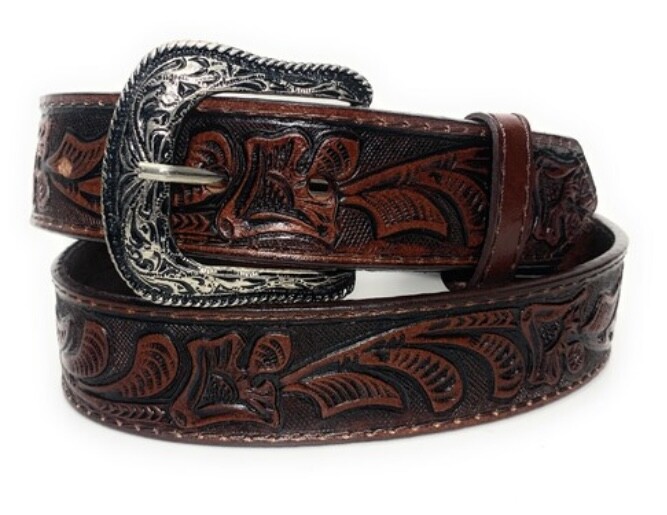 EMBOSSED WESTERN LEATHER BELT COWBOY RODEO CASUAL LEATHER BELT FLORAL EMBOSSED