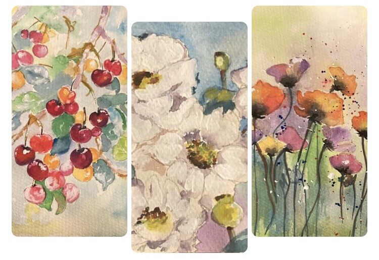 Handmade Good Vibes Painting 3pcs Flowers Cherry Original Watercolor.Paper.