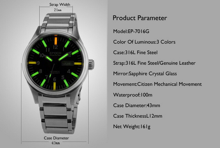 Pre-owned Epoch Men Automatic Watch Luminous Mechanical Wristwatch 10atm Waterproof Nh36