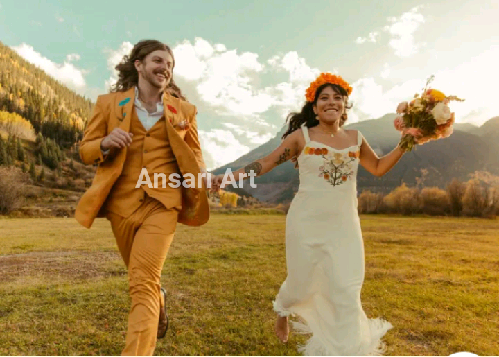 Pre-owned Art Men's Orange 3pc Custom Made Floral Flowers Embroidered Western Wedding Day Suit