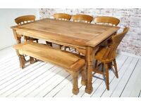 Extendable Rustic Farmhouse Dining Table Natural Hardwood Finish with Matching Benches & Chairs