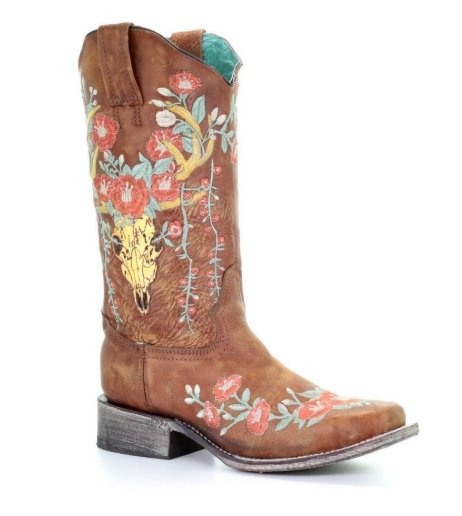 Pre-owned Corral Boots Corral Women's Deer Skull & Embroidery Distressed Tan Square Toe Boots