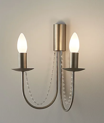 Chrome Double Candle Wall Light Sconce Crystal Beads Lighting Bedside Hall Lamp