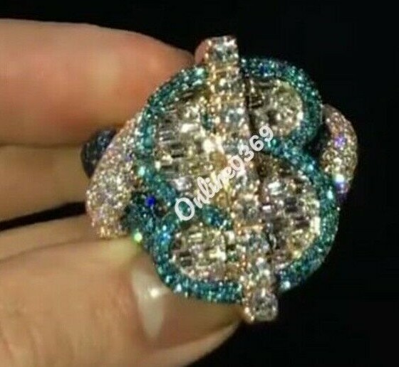 Pre-owned Online0369 4ct Baguette Emerald Cubic Zirconia Mens Custom Dollar Sign Cuban Ring Free Stud In Green