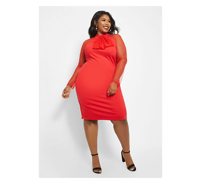 new ashley stewart plus RED mesh dot sheath dress 26 28