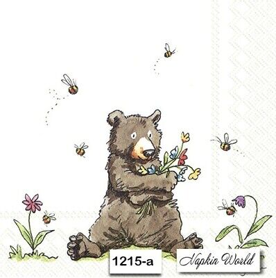 (1215) TWO Paper LUNCHEON Decoupage Art Craft Napkins - HONEY BEAR BEE FLOWER