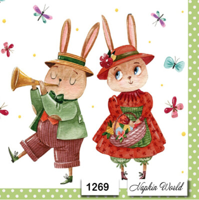 (1269) TWO Individual Paper LUNCHEON Decoupage Napkins - EASTER BUNNY COUPLE 