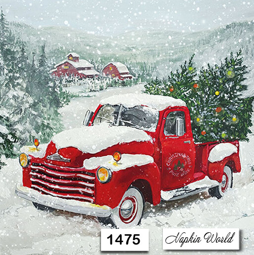 (1475) TWO Paper Luncheon Decoupage Art Craft Napkins - CHRISTMAS RED TRUCK SNOW