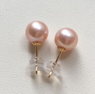 Stunning AAA+ 9-10mm real natural south sea pink round e pearl earrings 14k gold