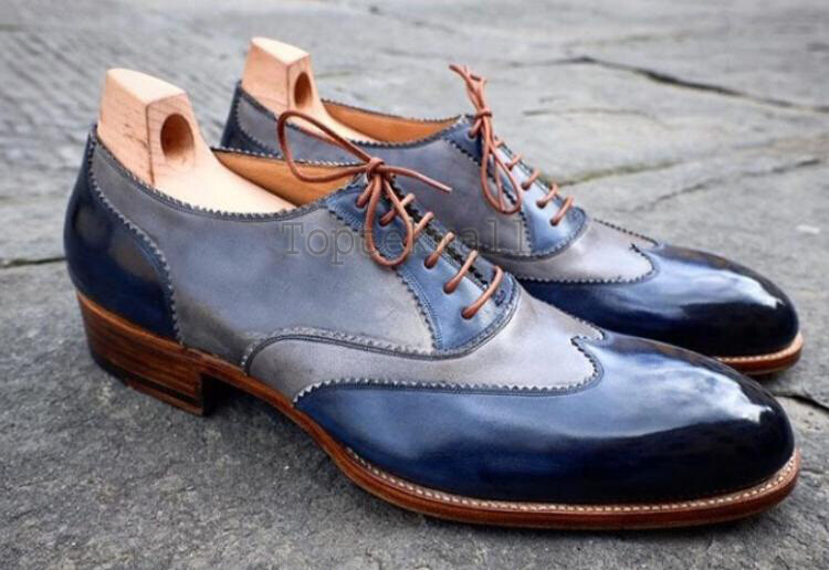 Pre-owned Handmade Men's Leather Oxfords Wingtips Blue Gray Custom Made Brogue Shoes-765