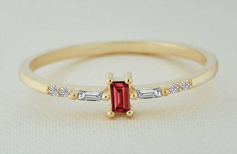 Pre-owned Handmade Ruby Ring / Baguette Ruby Ring/14k Solid Gold Minimalist Ruby Ring Stacking Ring In Red