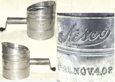 Charming! Estate Antq 1902 dated TIN dry goods Flour SIFTER works! Crank Handle!