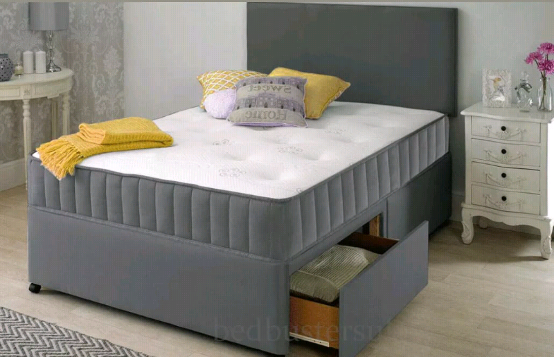 New 4ft6 Double Grey Fabric Divan Bed with 2 drawers comes with a spru