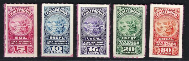 Collection of State of California Distilled Spirits Taxpaid Revenue Stamp Decals