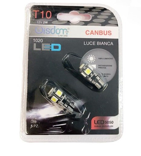 2 Lampadine Lampade Auto T10 Canbus 5 Led Smd5050 Luce Bianca 12v 2W wis