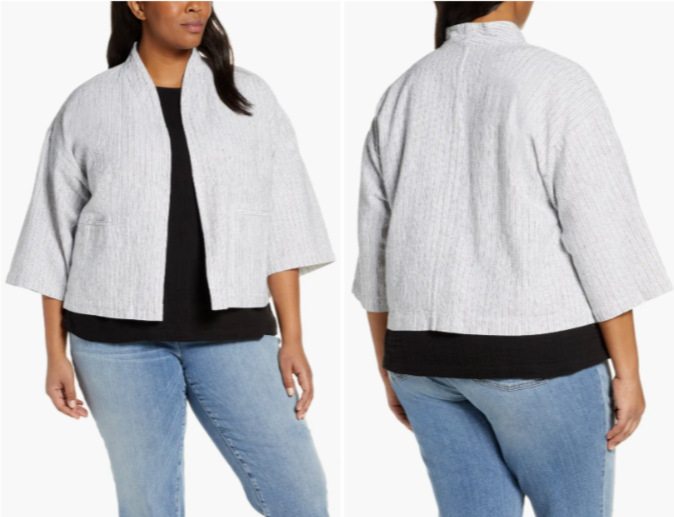 Укороченная куртка из органического льна и хлопчатобумажной смеси EILEEN FISHER цвета слоновой кости в черную полоску 1X = 16 Вт