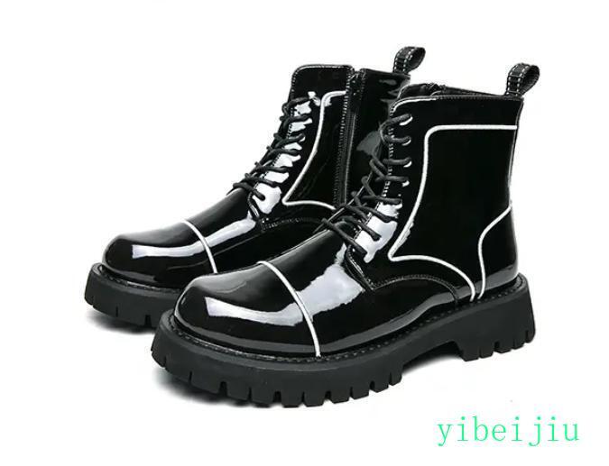 Mens Ankle Boots Round Toe Platform Shiny Patent Leather