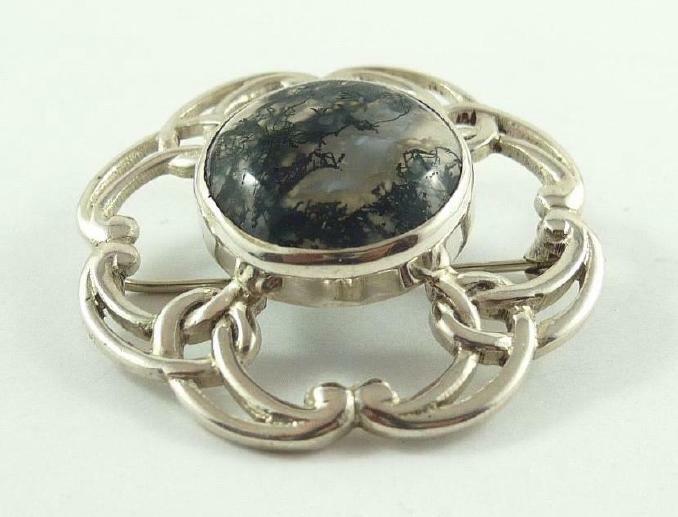 Vintage Sterling Silver & Moss Agate Scottish / Celtic Brooch or Pin