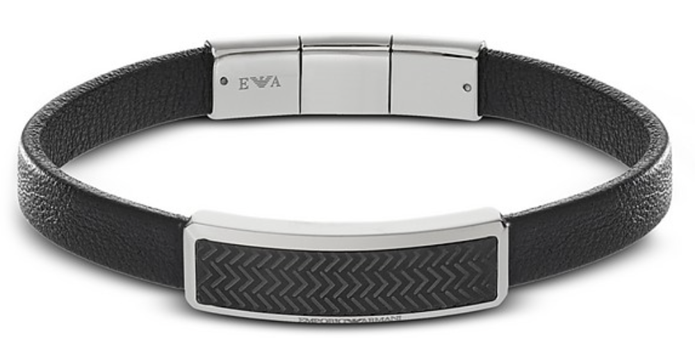 ★大人気★Emporio Armani Stainless and Leather ID Bracelet Emporio Armani Black Leather Strap ID Bracelet EGS3075040
