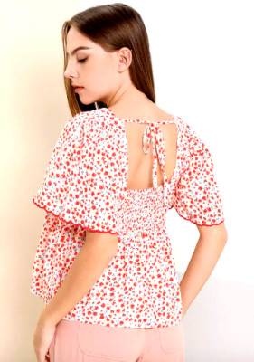 NWT Old Navy Large Flutter-Sleeve Scalloped Red Ditsy Floral-Print Babydoll Top