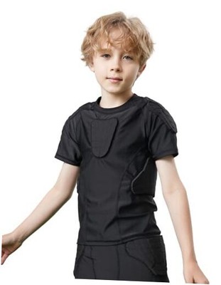  Kids Compression Padded Shirt Protective T-Shirt Rib Chest 5X-Small Black