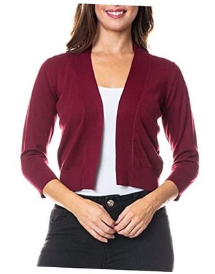 Bolero Cropped Cardigans Shrugs for Women - 3/4 Sleeve Open Small Burgundy