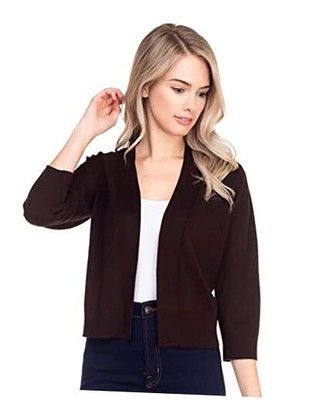 Bolero Cropped Cardigans Shrugs for Women - 3/4 Sleeve Open Front Small Brown
