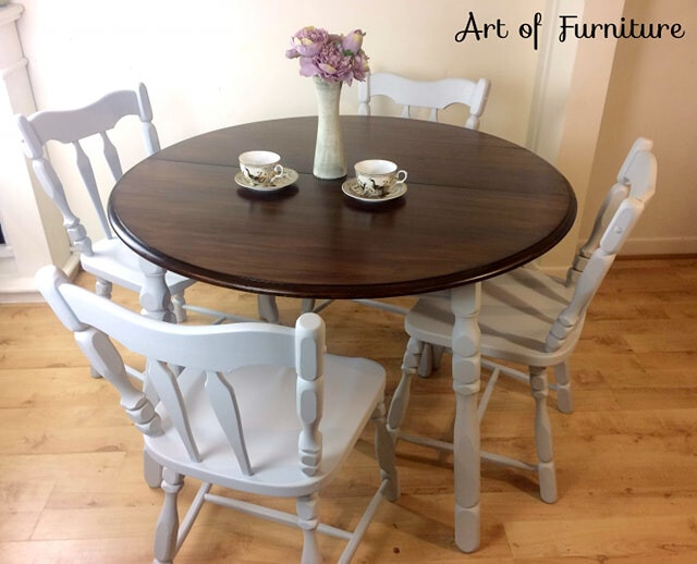 Dining Kitchen Set Of Grey Rustic Carved Oak Round Table With 4