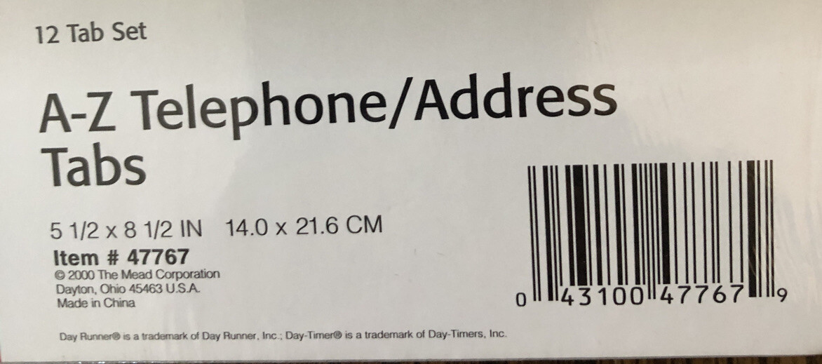 At-A-Glance A-Z Telephone/Address Tabs 5 1/2 x 8 1/2, #47767, 12 tab set