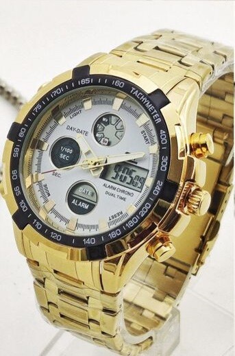 Orologio Polso ZCC 8988 Uomo Quarzo Acciaio Dual Time Dorato Bianco lac