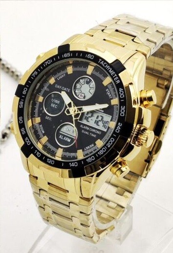 Orologio Polso ZCC 8988 Uomo Quarzo Acciaio Dual Time Dorato Nero lac