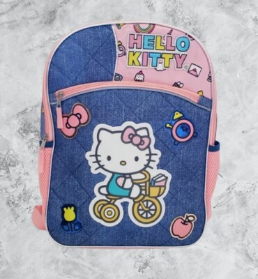 HELLO KITTY DELUXE DENIM NEW WITH TAG Blue and Pink 16'' Backpack Kid's Book Bag