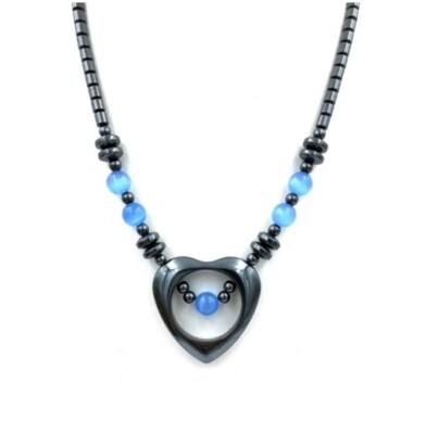 Open Heart Magnetic Necklace w/Blue Beads Hematite Magnetic Necklaces for Women