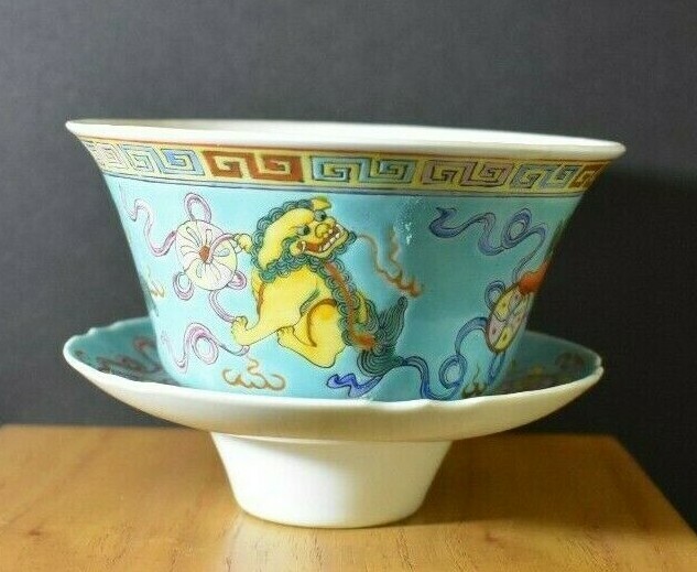 CHINESE TURQUOISE GROUND FAMILLE ROSE BOWL WITH UNDER PLATE GUANGXU MARK