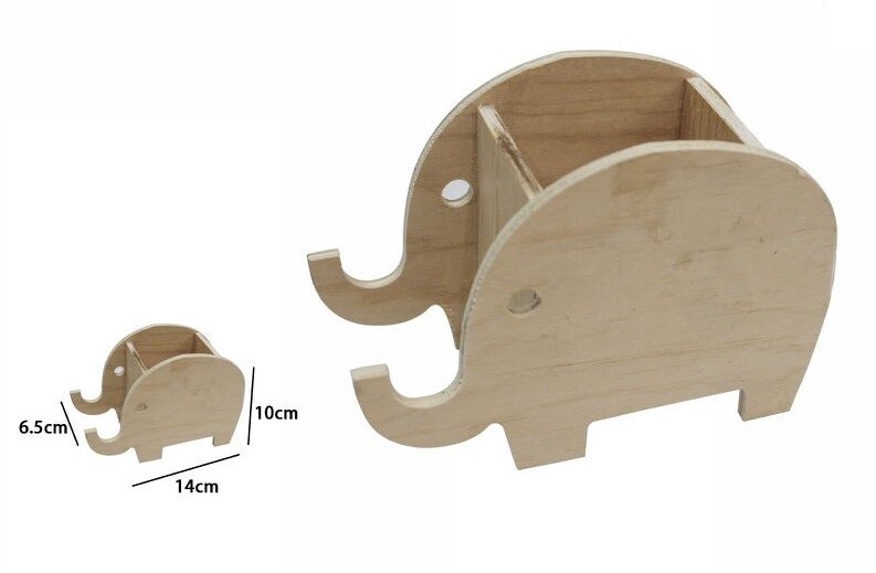 Portapenne Contenitore Penne Matite In Legno Naturale Decoupage Elefanti dfh