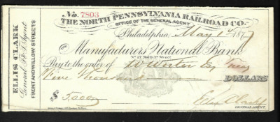 1877 Bank Check North Pennsylvania Railroad Signed Stamped Steng & Paxson Co |
