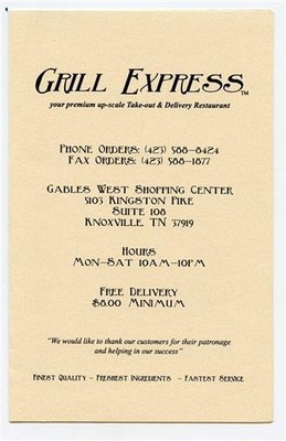 Grill Express Menu Kingston Pike Knoxville Tennessee 1990's