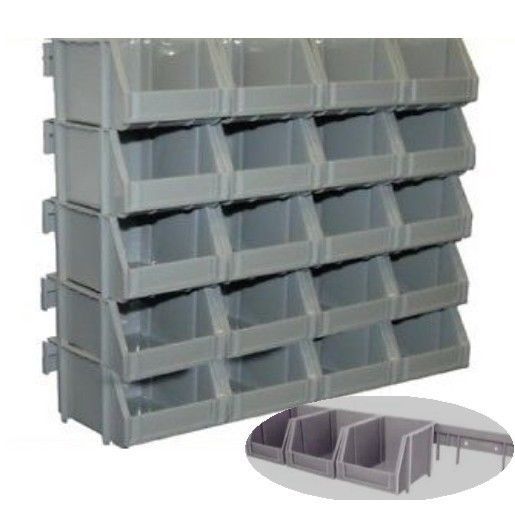 20 GREY WALL MOUNT PLASTIC PARTS STORAGE BINS WITH WALL MOUNTING RAILS