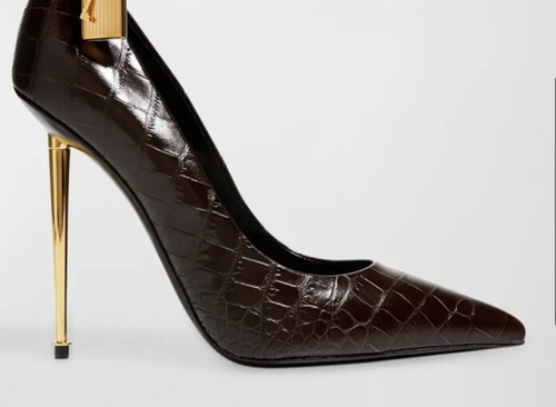 Pre-owned Tom Ford $1290  Lock 105mm Croco Ankle-strap Shoes Chocolate 9 Us/39 Eu In Brown