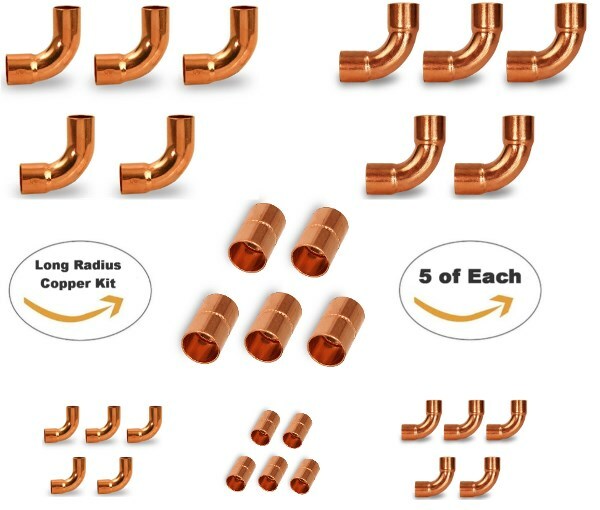 3/8" & 3/4" HVAC Long Radius Copper Kit (5) Coupling , (5) 90's , (5
