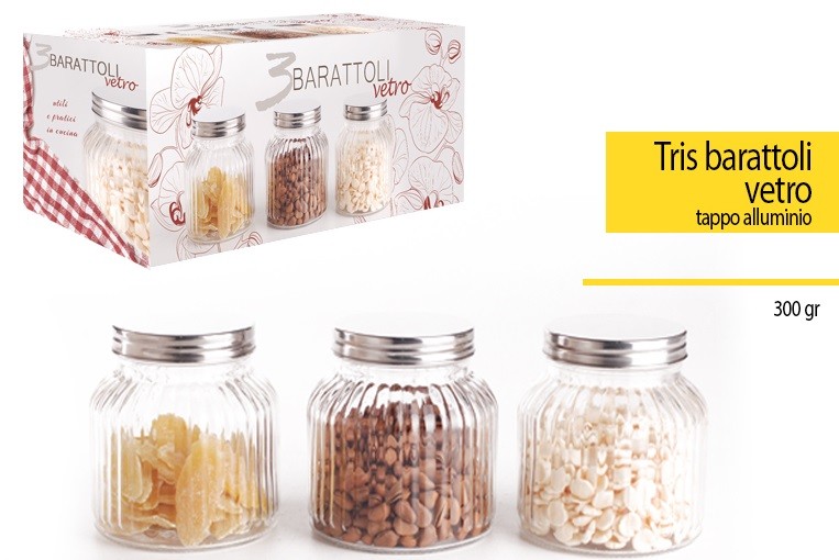 Set 3 Tris Barattoli Con Coperchio Vetro Cucina Contenitori Pasta Biscotti dfh