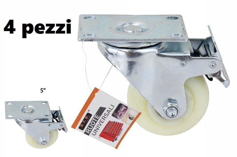 Set 4 Ruota Ricambio Rotella Carrelli Mobili Staffa Girevole Freno Bianca 5" dfh