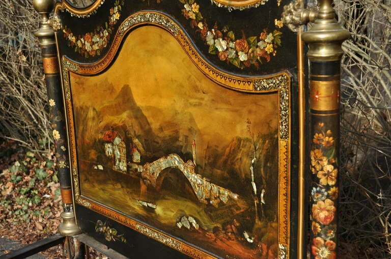 Pair of 19th Century Hand Painted Mother of Pearl Inlay Single Twin Bed Frames